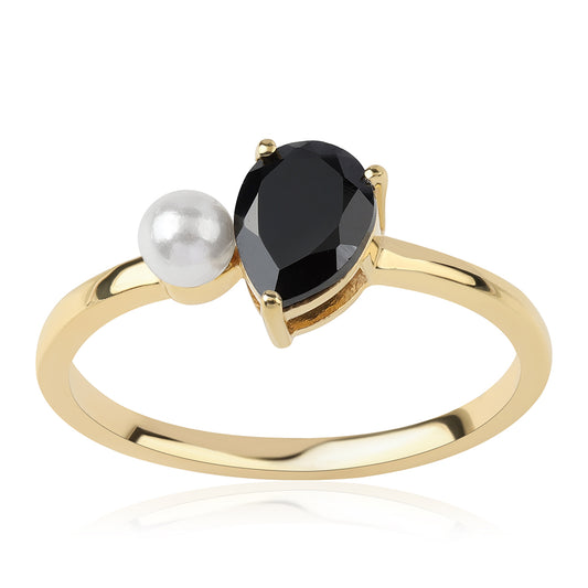 Inel din Argint 925 Placat cu Aur ( 1.94 grame ) cu Spinel Negru și Perlă de Apă Dulce Albă 1.85 Carate