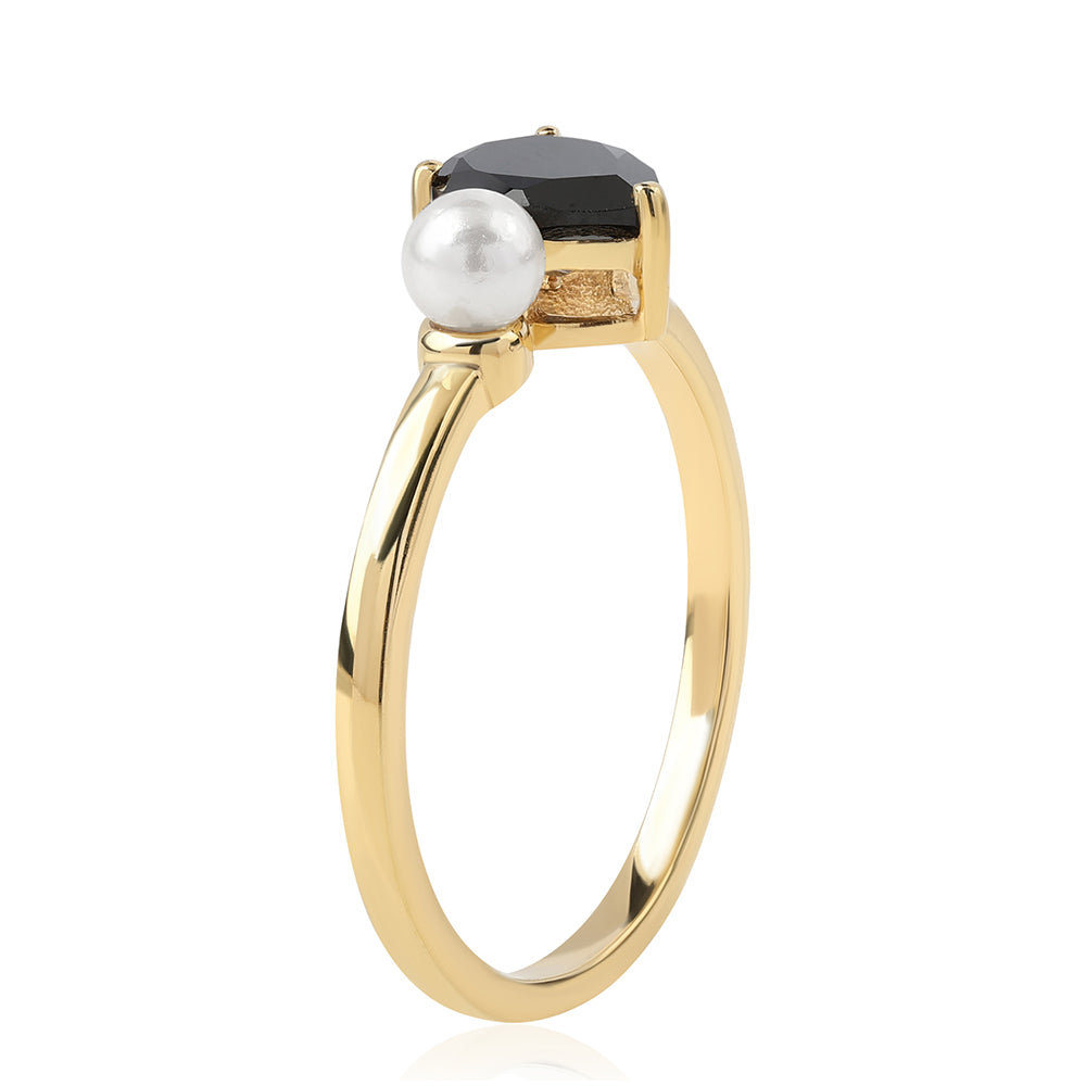 Inel din Argint 925 Placat cu Aur ( 1.94 grame ) cu Spinel Negru și Perlă de Apă Dulce Albă 1.85 Carate 2 