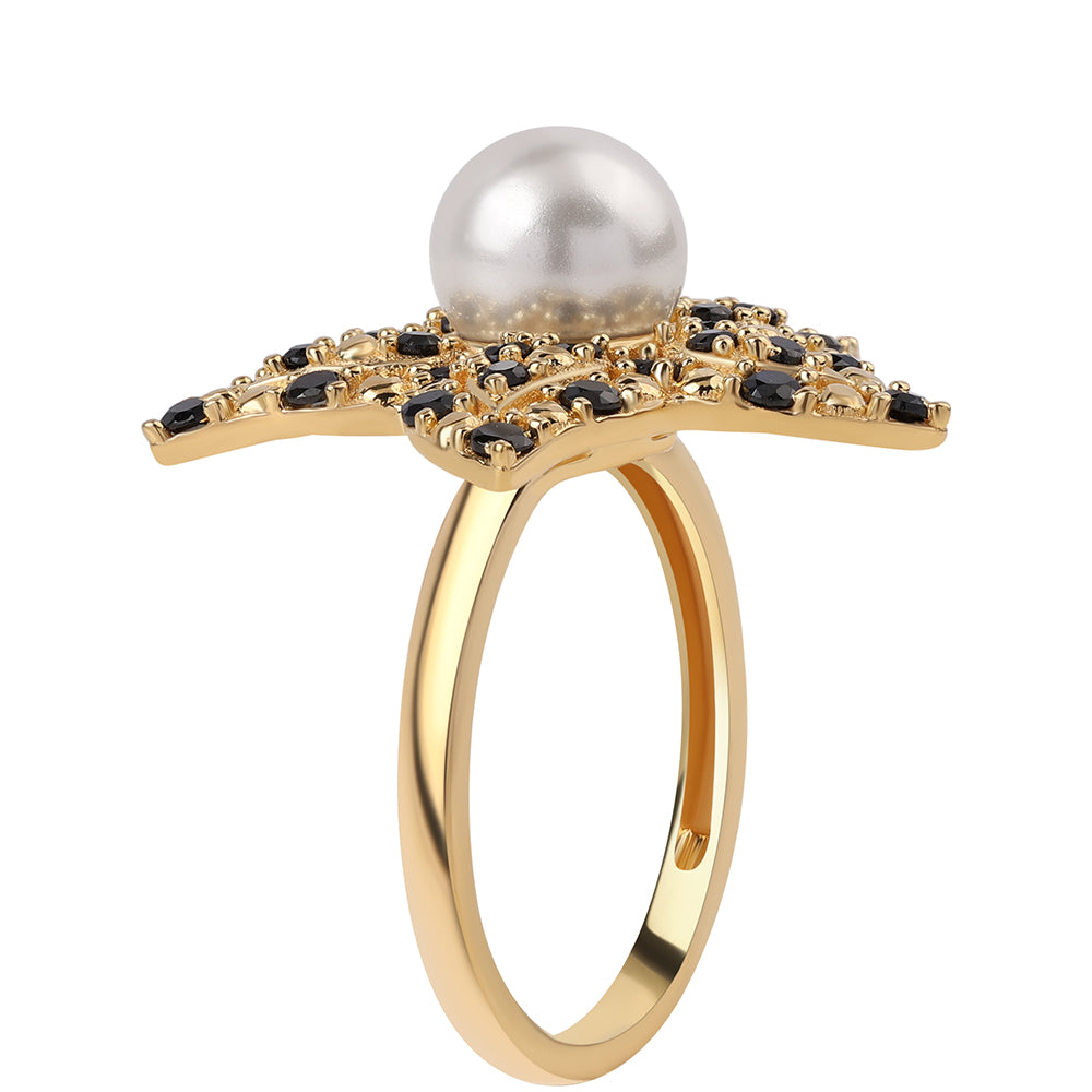 Inel din Argint 925 Placat cu Aur ( 6.14 grame ) cu Spinel Negru și Perlă de Apă Dulce Albă 4.63 Carate