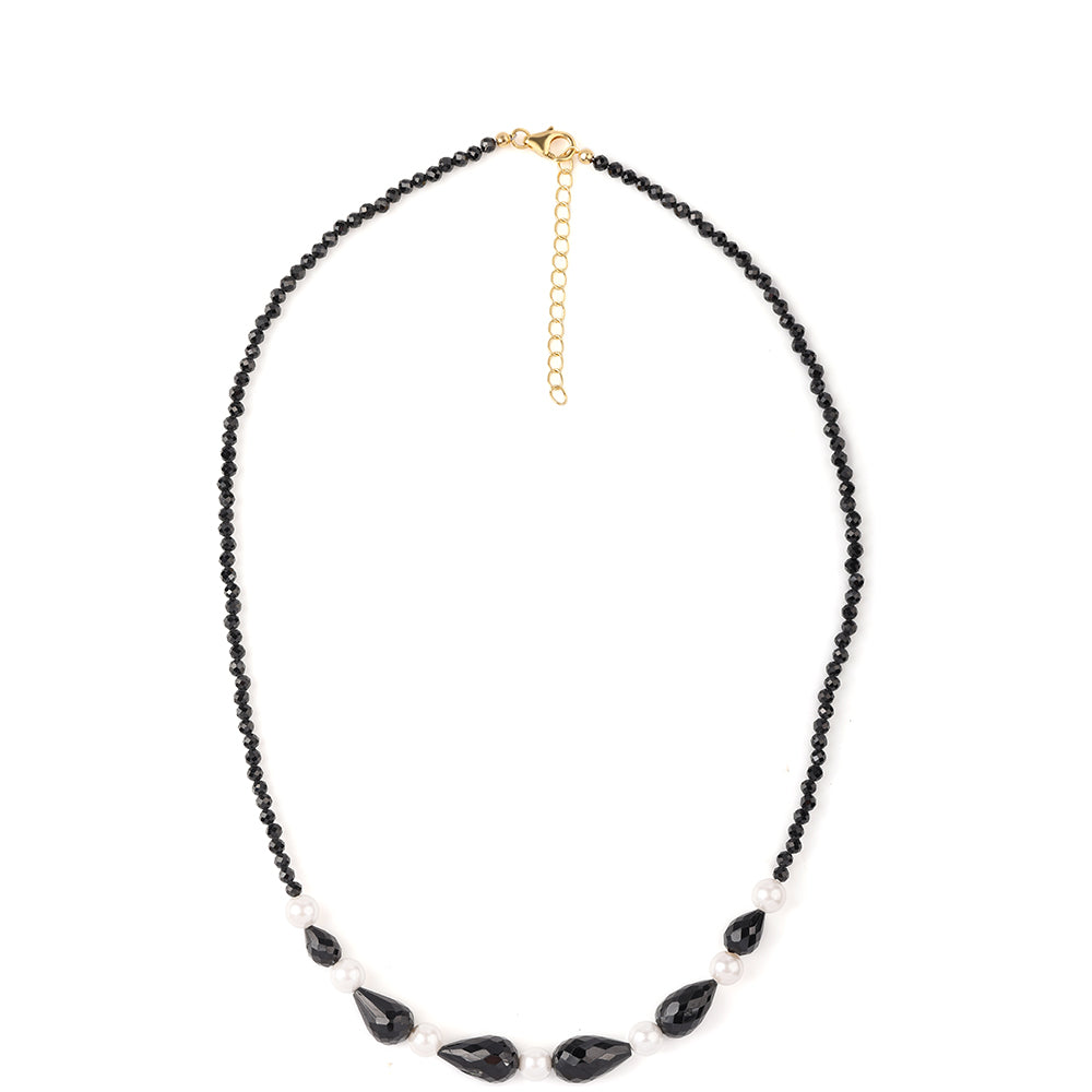 Colier din Argint 925 Placat cu Aur ( 0.93 grame ) cu Spinel Negru și Perlă de Apă Dulce Albă 69.4 Carate