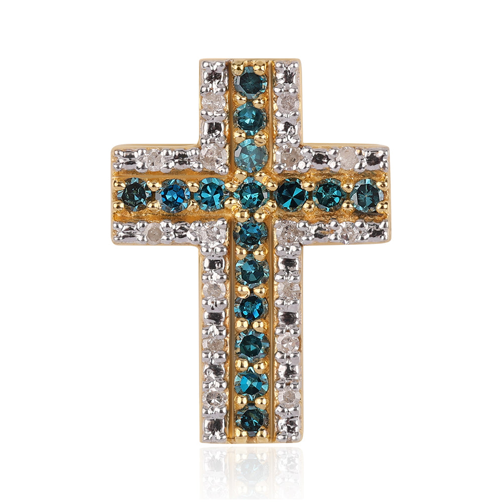 Cruce Pandantiv din Argint 925 Placat cu Aur ( 1.21 grame ) cu Diamant Albastru și Diamant Alb 0.43 Carate