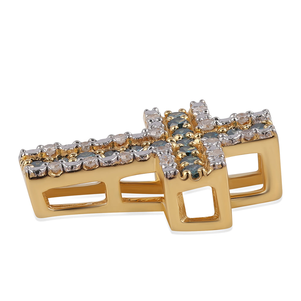 Cruce Pandantiv din Argint 925 Placat cu Aur ( 1.21 grame ) cu Diamant Albastru și Diamant Alb 0.43 Carate