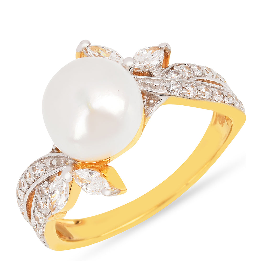 Inel din Argint 925 Placat cu Aur ( 2.68 grame ) cu Perlă de Apă Dulce Crem și Zircon Alb 4.45 Carate 1 
