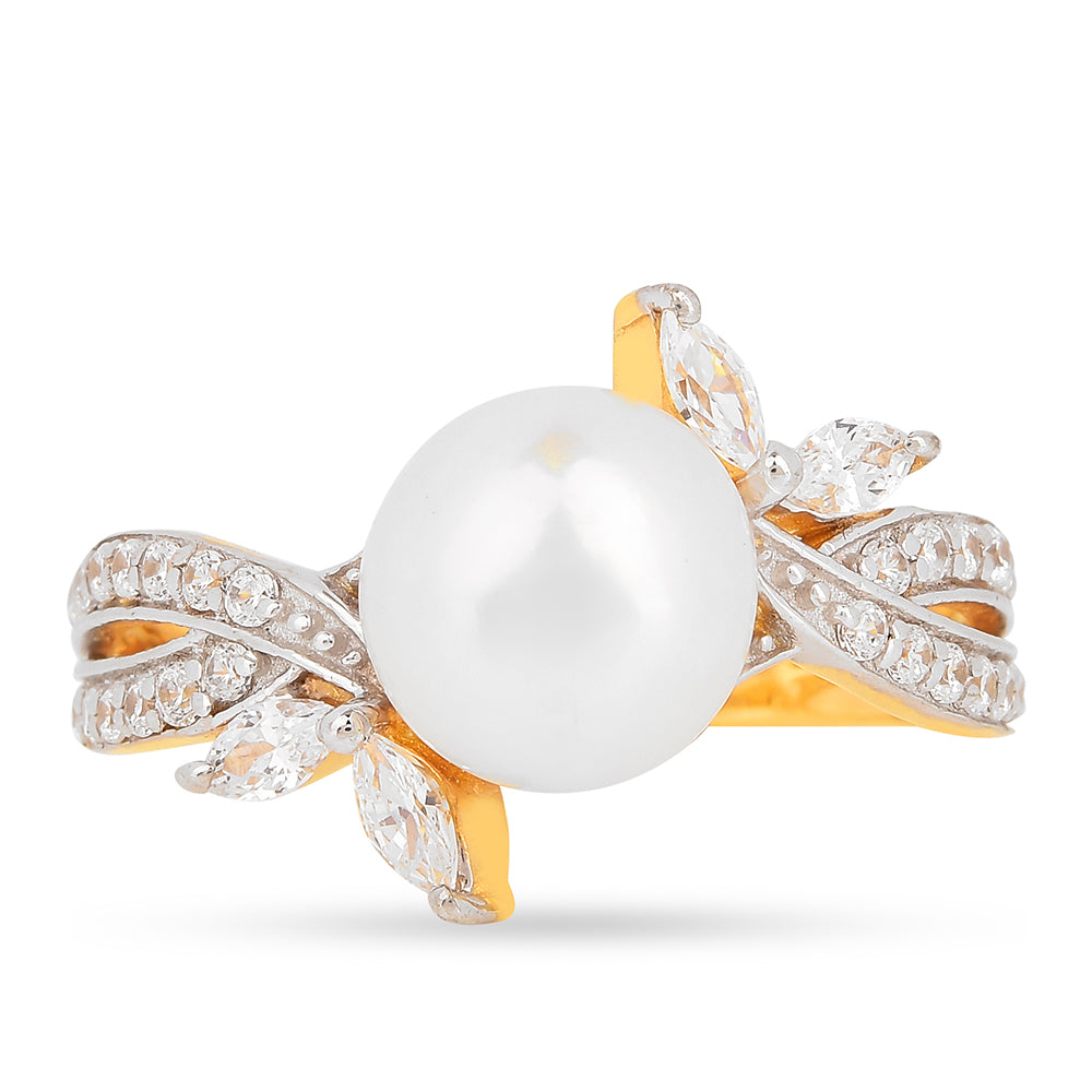 Inel din Argint 925 Placat cu Aur ( 2.68 grame ) cu Perlă de Apă Dulce Crem și Zircon Alb 4.45 Carate 2 
