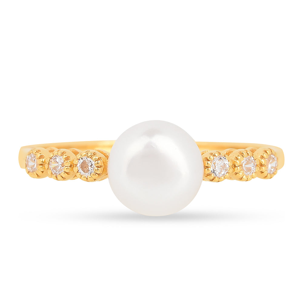 Inel din Argint 925 Placat cu Aur ( 1.57 grame ) cu Perlă de Apă Dulce Crem și Zircon Alb 2.49 Carate