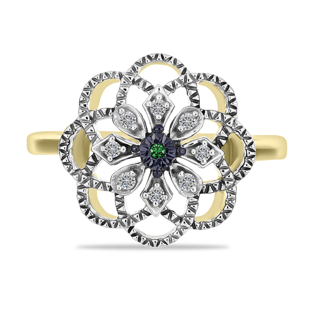 Inel din Argint 925 Placat cu Aur ( 3.41 grame ) cu Diamant Verde și Diamant Alb 0.09 Carate
