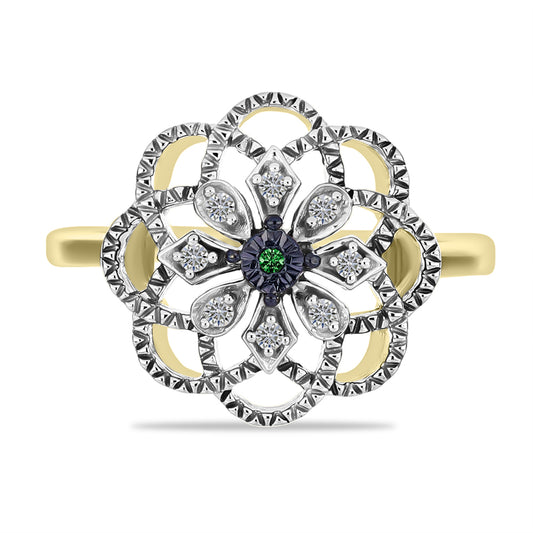 Inel din Argint 925 Placat cu Aur ( 3.41 grame ) cu Diamant Verde și Diamant Alb 0.09 Carate