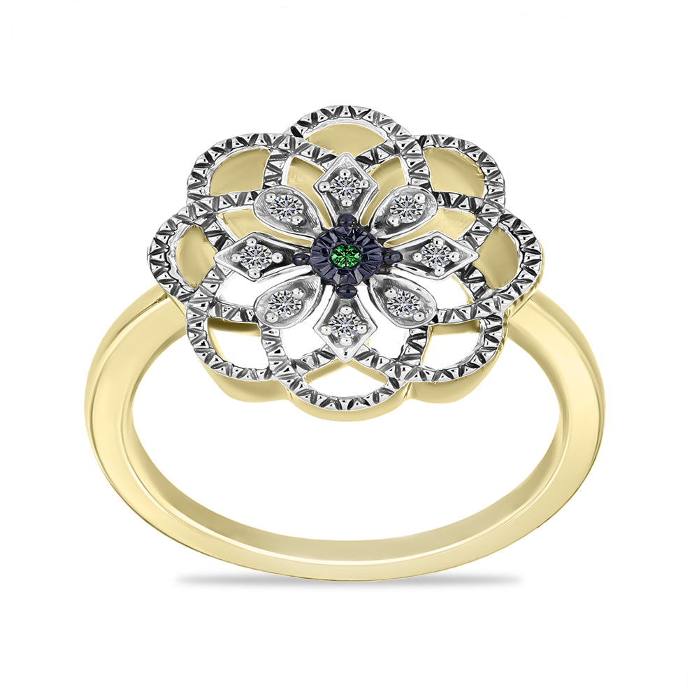 Inel din Argint 925 Placat cu Aur ( 3.41 grame ) cu Diamant Verde și Diamant Alb 0.09 Carate
