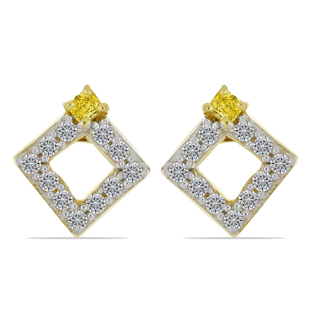 Cercei din Argint 925 Placat cu Aur ( 1.34 grame ) cu Diamant Galben și Zircon Alb Natural 0.31 Carate 1 