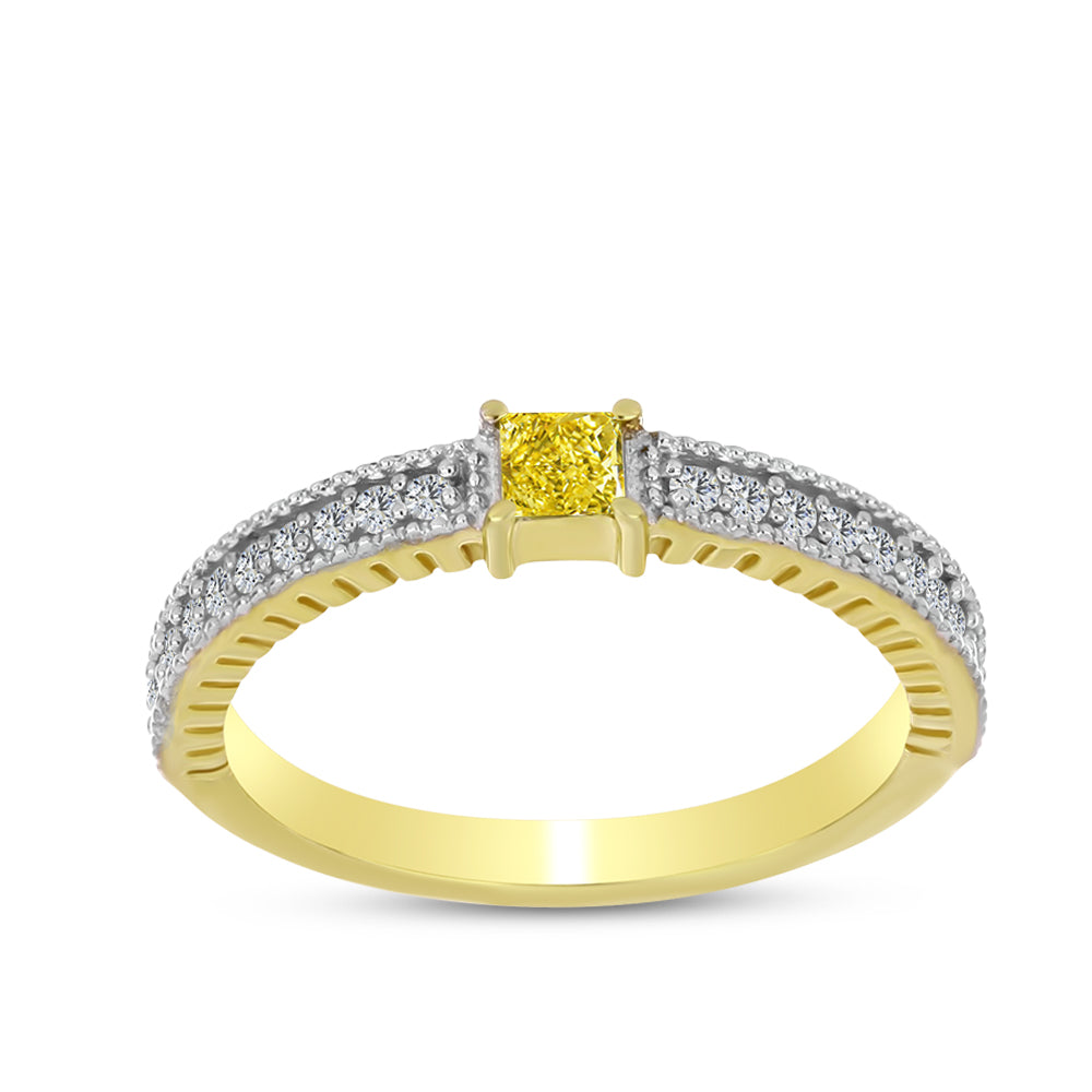 Inel din Argint 925 Placat cu Aur ( 2.4 grame ) cu Diamant Galben și Zircon Alb Natural 0.39 Carate 3 