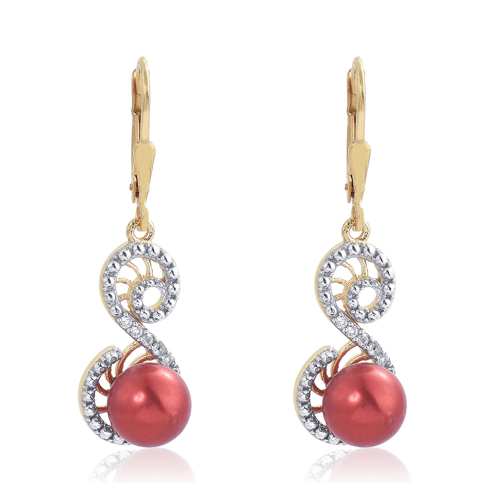 Cercei din Argint 925 Placat cu Aur ( 2.99 grame ) cu Perlă de apă dulce roșie și Topaz Alb 7.85 Carate 2 