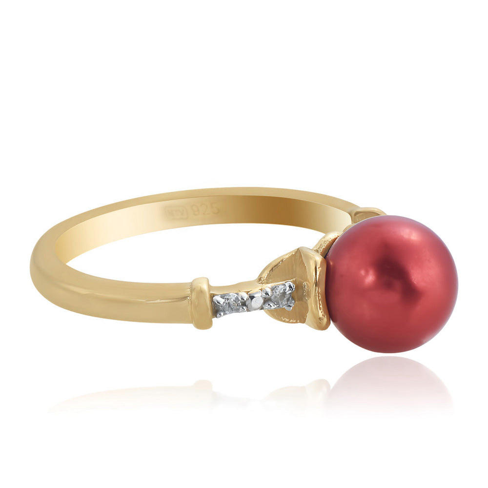 Inel din Argint 925 Placat cu Aur ( 2.57 grame ) cu Perlă de apă dulce roșie și Topaz Alb 3.93 Carate