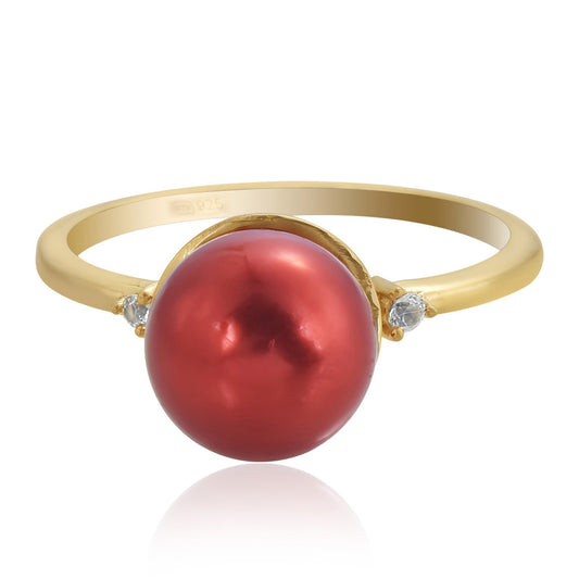 Inel din Argint 925 Placat cu Aur ( 1.89 grame ) cu Perlă de apă dulce roșie și Topaz Alb 7.46 Carate