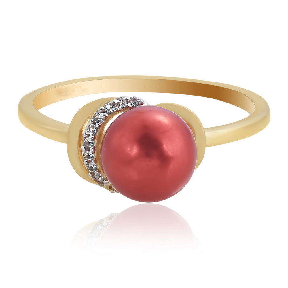 Inel din Argint 925 Placat cu Aur ( 1.9 grame ) cu Perlă de apă dulce roșie și Topaz Alb 3.91 Carate 2 