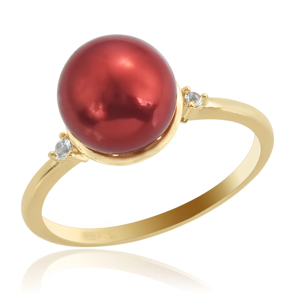 Inel din Argint 925 Placat cu Aur ( 2.52 grame ) cu Perlă de apă dulce roșie și Topaz Alb 7.62 Carate 2 