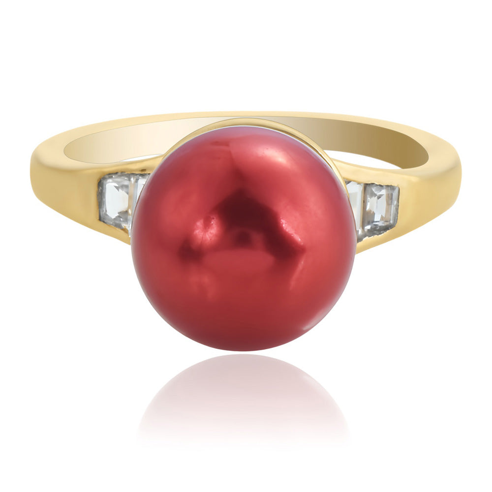 Inel din Argint 925 Placat cu Aur ( 2.52 grame ) cu Perlă de apă dulce roșie și Topaz Alb 7.62 Carate
