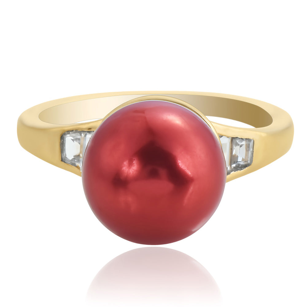 Inel din Argint 925 Placat cu Aur ( 2.52 grame ) cu Perlă de apă dulce roșie și Topaz Alb 7.62 Carate