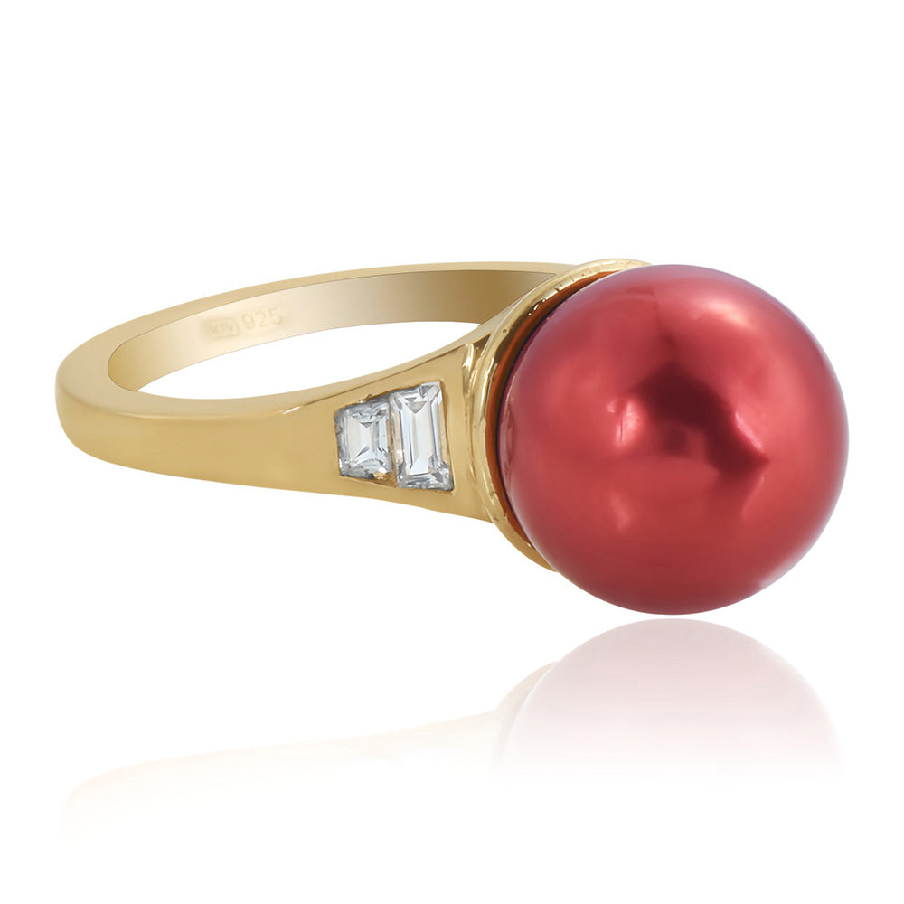 Inel din Argint 925 Placat cu Aur ( 2.52 grame ) cu Perlă de apă dulce roșie și Topaz Alb 7.62 Carate