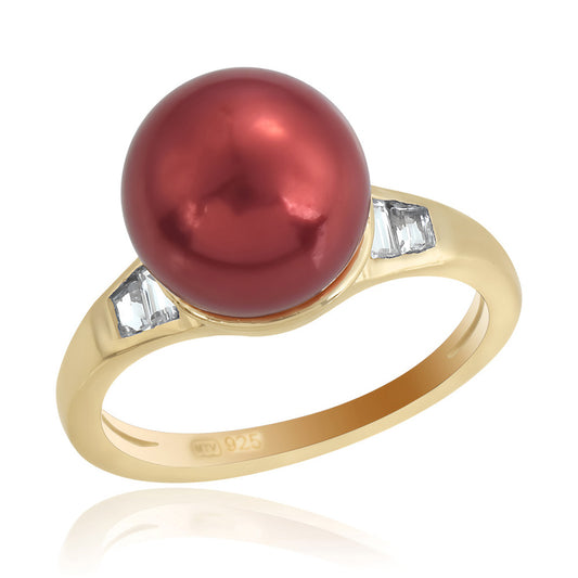 Inel din Argint 925 Placat cu Aur ( 2.52 grame ) cu Perlă de apă dulce roșie și Topaz Alb 7.62 Carate