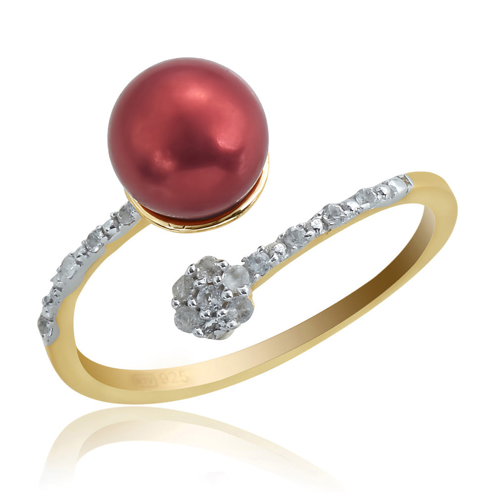 Inel din Argint 925 Placat cu Aur ( 1.72 grame ) cu Perlă de apă dulce roșie și Topaz Alb 4.06 Carate