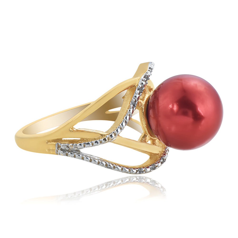 Inel din Argint 925 Placat cu Aur ( 3.62 grame ) cu Perlă de apă dulce roșie și Topaz Alb 7.5 Carate