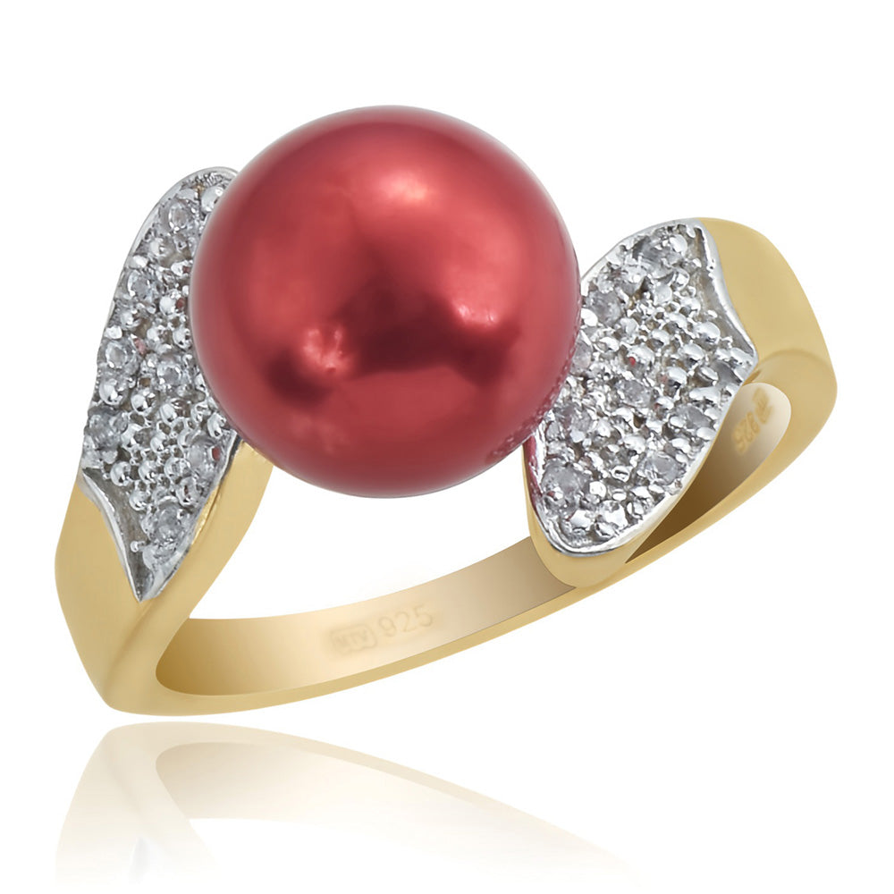 Inel din Argint 925 Placat cu Aur ( 4.99 grame ) cu Perlă de apă dulce roșie și Topaz Alb 7.49 Carate 1 