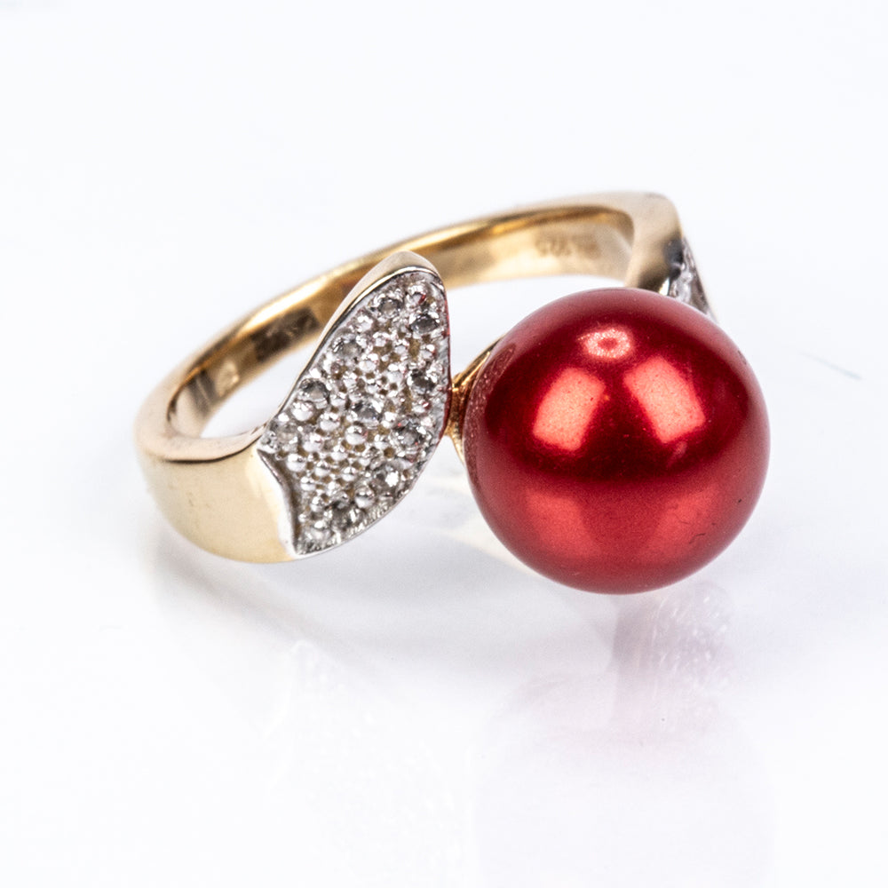 Inel din Argint 925 Placat cu Aur ( 4.13 grame ) cu Perlă de apă dulce roșie și Topaz Alb 7.38 Carate