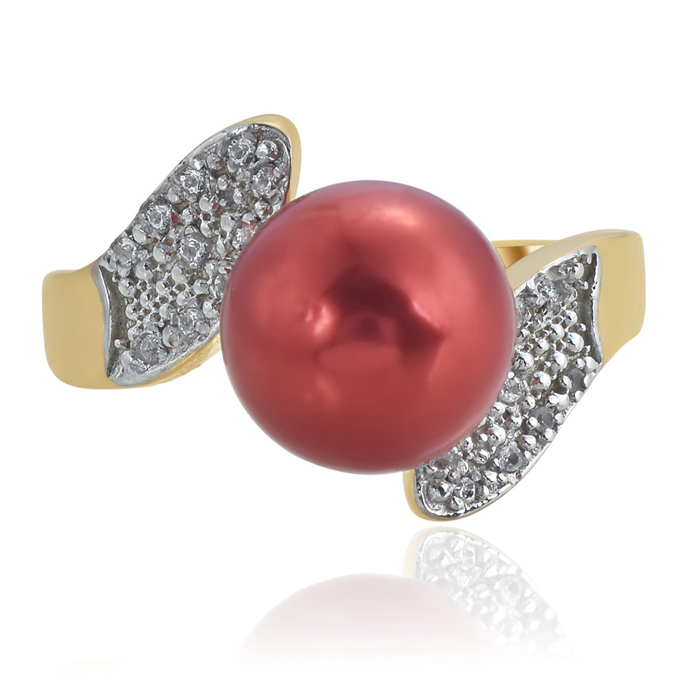 Inel din Argint 925 Placat cu Aur ( 4.13 grame ) cu Perlă de apă dulce roșie și Topaz Alb 7.38 Carate