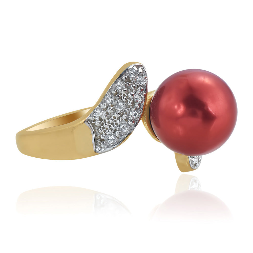 Inel din Argint 925 Placat cu Aur ( 4.13 grame ) cu Perlă de apă dulce roșie și Topaz Alb 7.38 Carate 2 