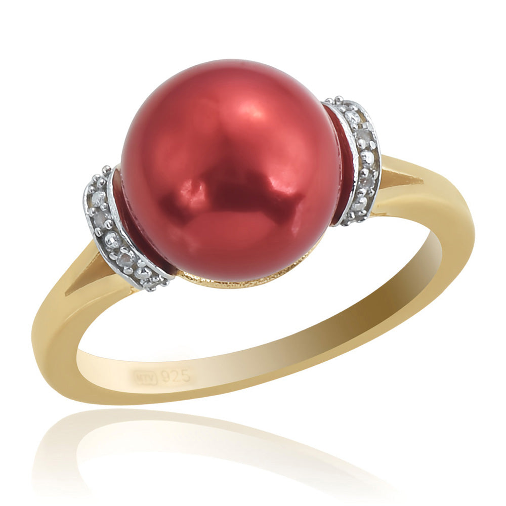Inel din Argint 925 Placat cu Aur ( 2.89 grame ) cu Perlă de apă dulce roșie și Topaz Alb 7.48 Carate 1 