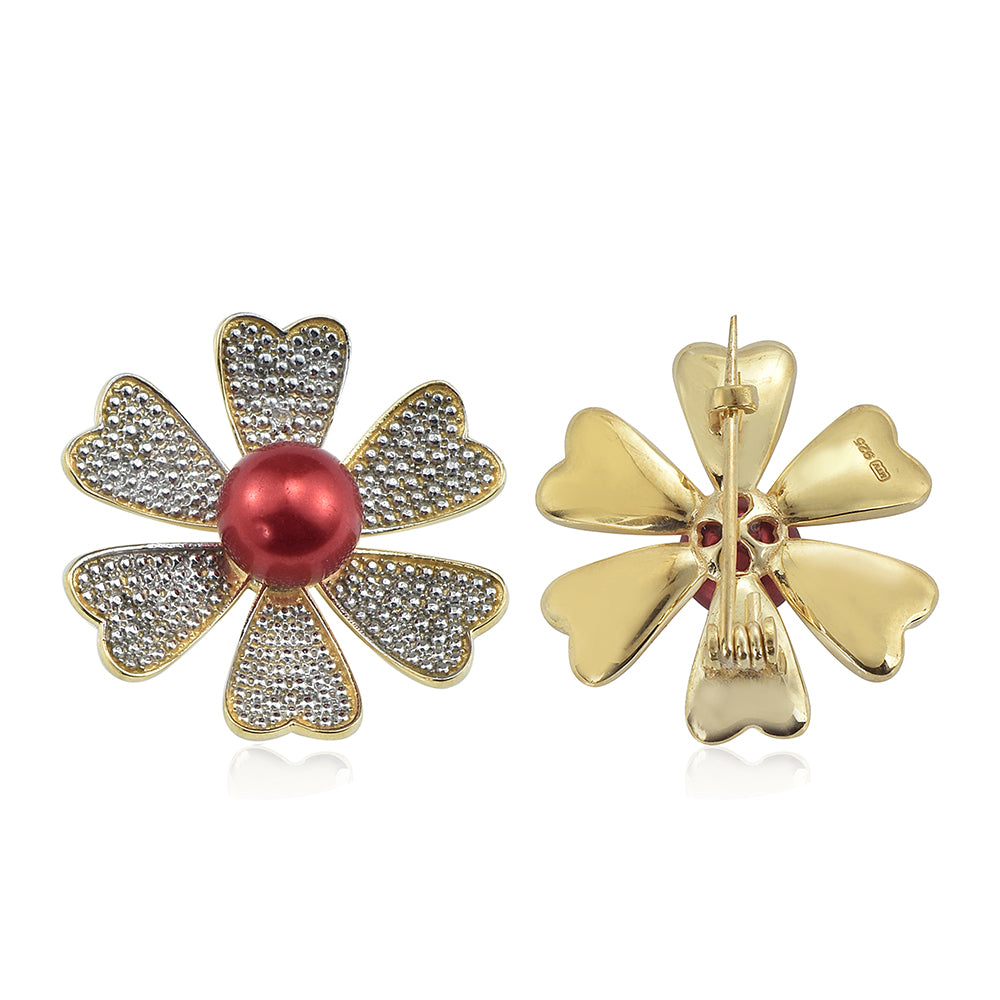 Broşă din Argint 925 Placat cu Aur ( 3.89 grame ) cu Perlă de apă dulce roșie și Topaz Alb 3.87 Carate