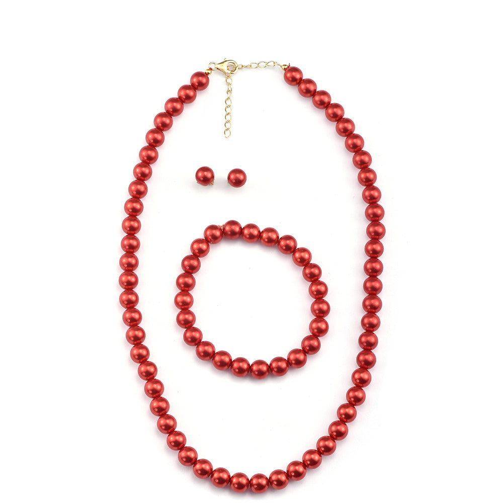 Set din Argint 925 Placat cu Aur ( 1.81 grame ) cu Perlă de apă dulce roșie 314.2 Carate ( Colier+Cercei+Brățară )