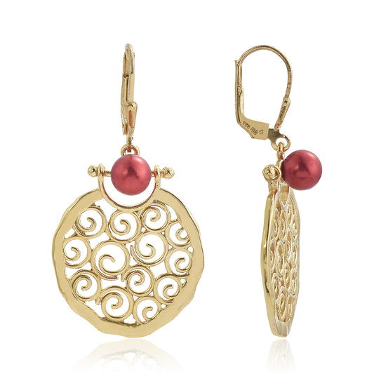Cercei din Argint 925 Placat cu Aur ( 7.86 grame ) cu Perlă de apă dulce roșie 3.4 Carate