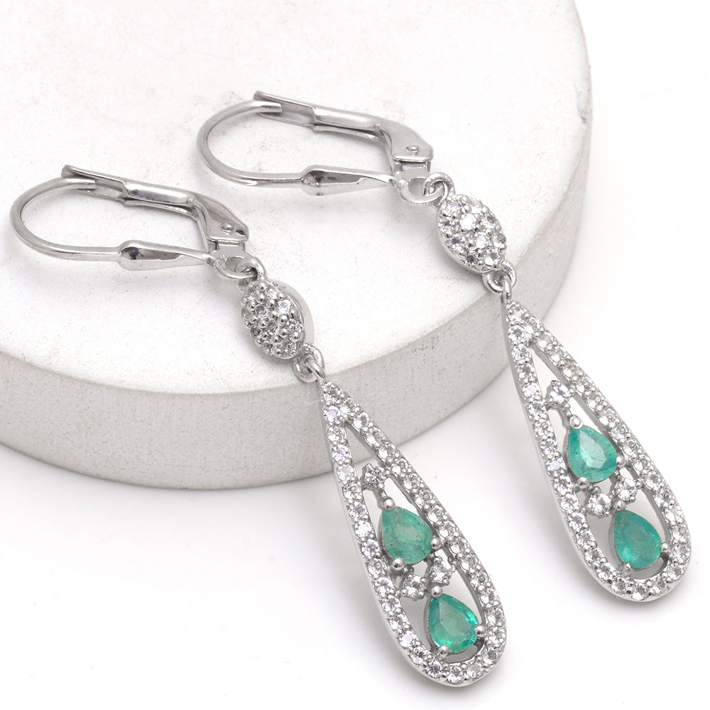 Cercei din Argint 925 ( 3.95 grame ) cu Smarald Brazilian și Topaz Alb 0.81 Carate 1 