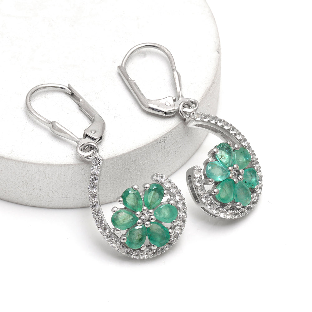 Cercei din Argint 925 ( 3.81 grame ) cu Smarald Brazilian și Topaz Alb 1.93 Carate 1 