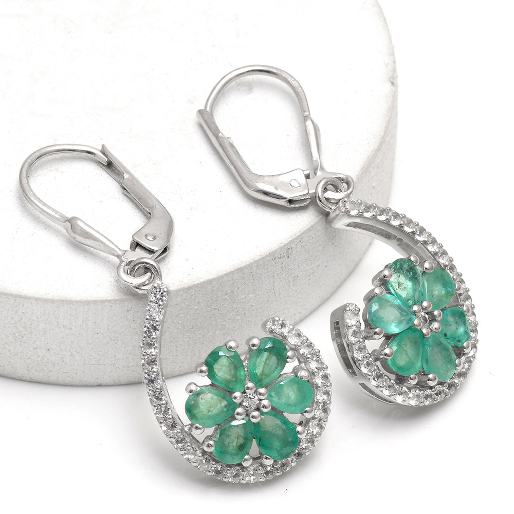 Cercei din Argint 925 ( 3.81 grame ) cu Smarald Brazilian și Topaz Alb 1.93 Carate 4 