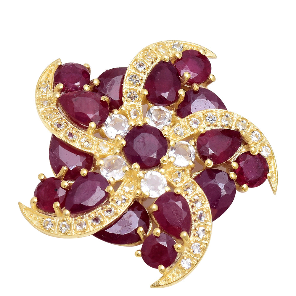 Broşă din Argint 925 Placat cu Aur ( 6.54 grame ) cu Rubin Malagasy și Topaz Alb 7.47 Carate 3 