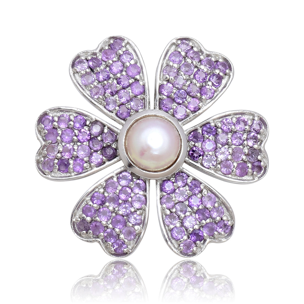 Broşă din Argint 925 ( 4.31 grame ) cu Ametist Marocan și Perlă de Apă Dulce Albă 0.85 Carate 1 