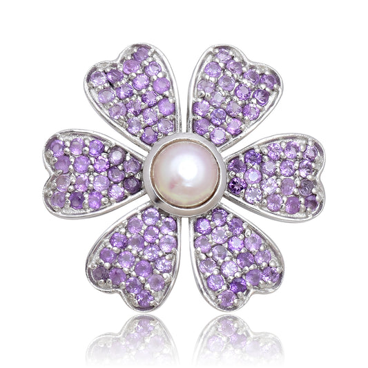 Broşă din Argint 925 ( 4.31 grame ) cu Ametist Marocan și Perlă de Apă Dulce Albă 0.85 Carate