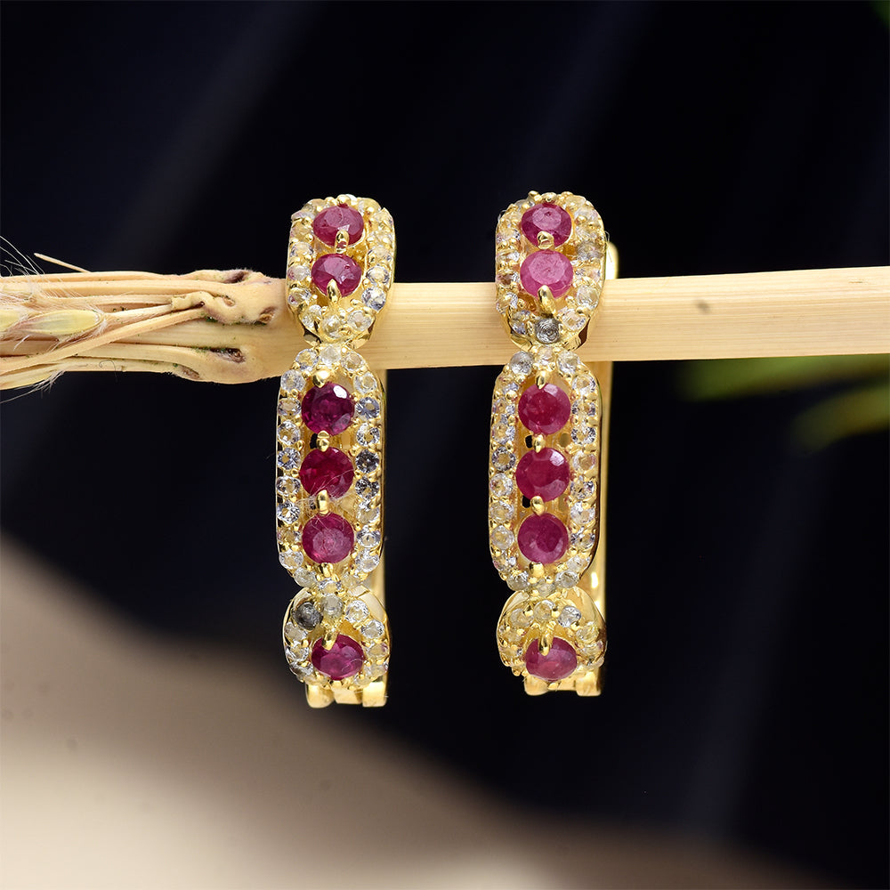 Cercei din Argint 925 Placat cu Aur ( 4.57 grame ) cu Rubin Malagasy și Topaz Alb 0.01 Carate 3 