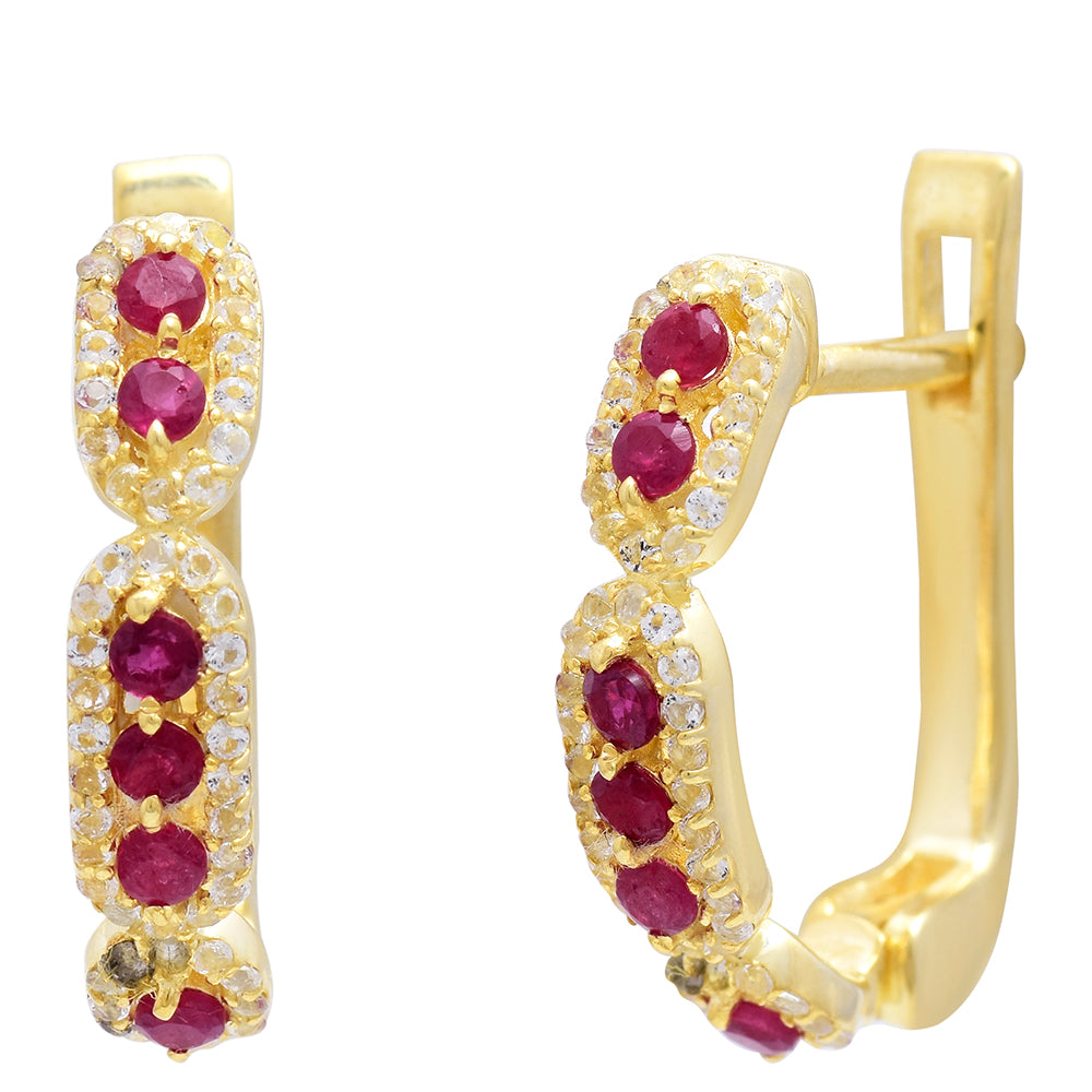 Cercei din Argint 925 Placat cu Aur ( 4.57 grame ) cu Rubin Malagasy și Topaz Alb 0.01 Carate 4 