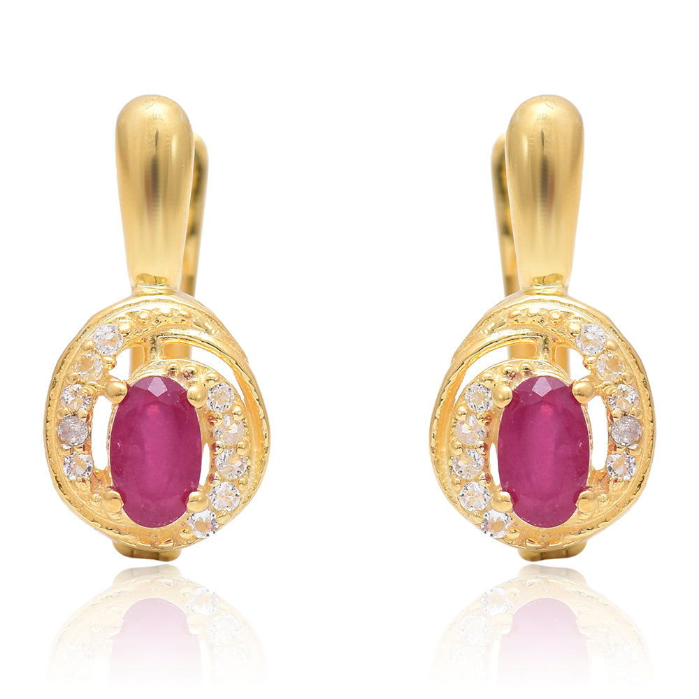 Cercei din Argint 925 Placat cu Aur ( 2.38 grame ) cu Rubin Malagasy și Topaz Alb 0.76 Carate