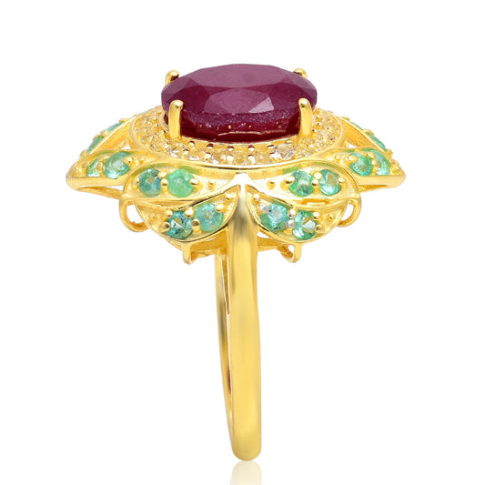 Inel din Argint 925 Placat cu Aur ( 6.43 grame ) cu Rubin Malagasy și Smarald Brazilian 4.44 Carate