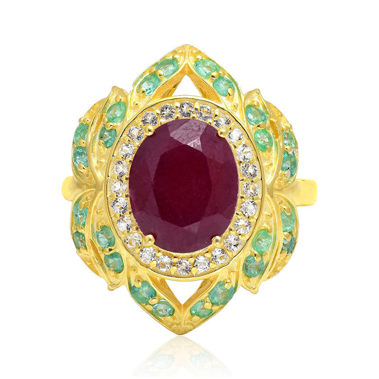 Inel din Argint 925 Placat cu Aur ( 6.43 grame ) cu Rubin Malagasy și Smarald Brazilian 4.44 Carate