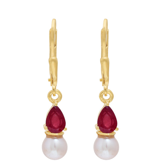 Cercei din Argint 925 Placat cu Aur ( 1.52 grame ) cu Rubin Malagasy și Perlă de Apă Dulce Albă 4 Carate