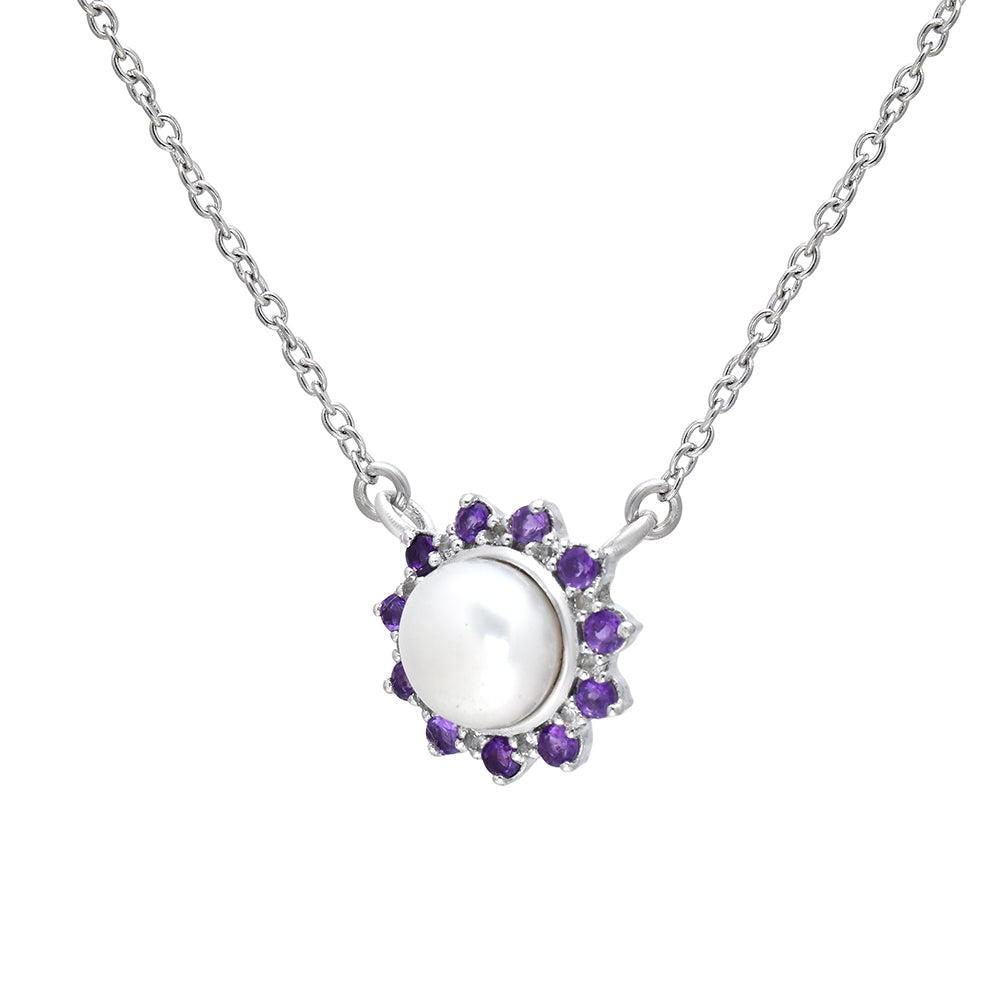 Colier din Argint 925 ( 3.82 grame ) cu Ametist Marocan și Perlă de Apă Dulce Albă 3.68 Carate 2 