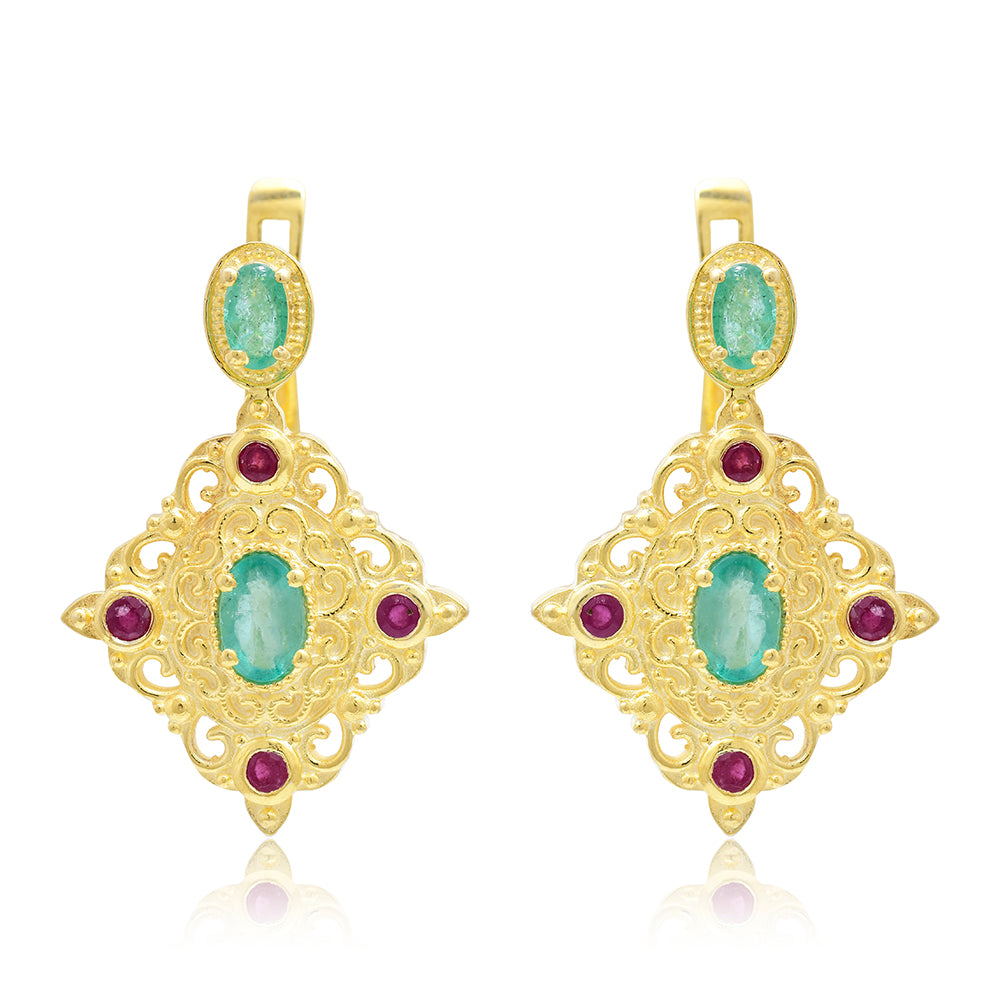 Cercei din Argint 925 Placat cu Aur ( 7.21 grame ) cu Rubin Malagasy și Smarald Brazilian 1.96 Carate 7 