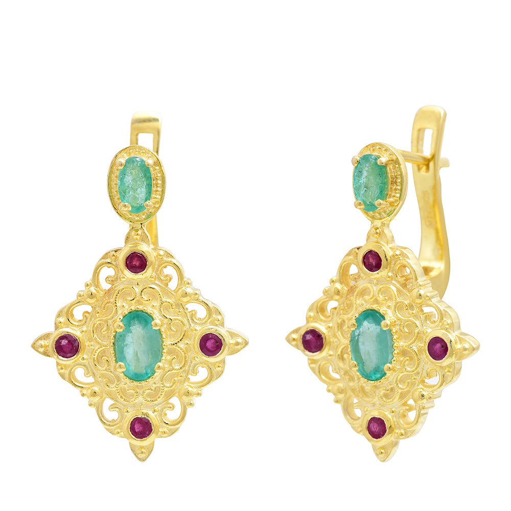 Cercei din Argint 925 Placat cu Aur ( 7.21 grame ) cu Rubin Malagasy și Smarald Brazilian 1.96 Carate 4 