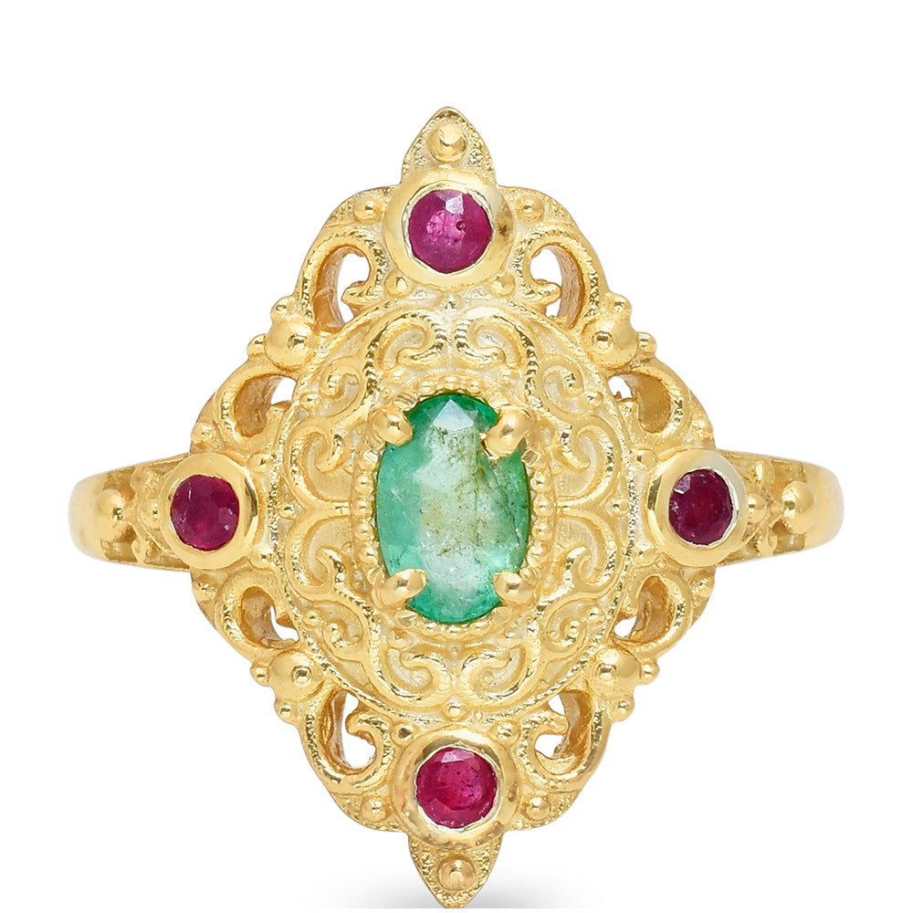 Inel din Argint 925 Placat cu Aur ( 3.9 grame ) cu Rubin Malagasy și Smarald Brazilian 0.98 Carate 2 