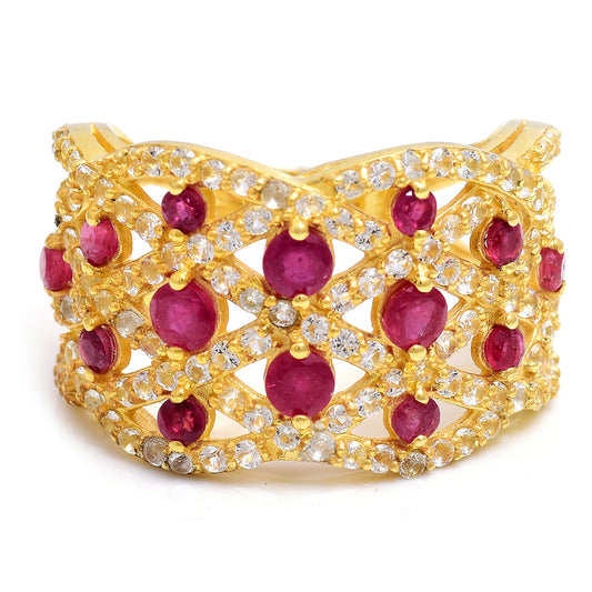 Inel din Argint 925 Placat cu Aur ( 4.58 grame ) cu Rubin Malagasy și Topaz Alb 1.76 Carate